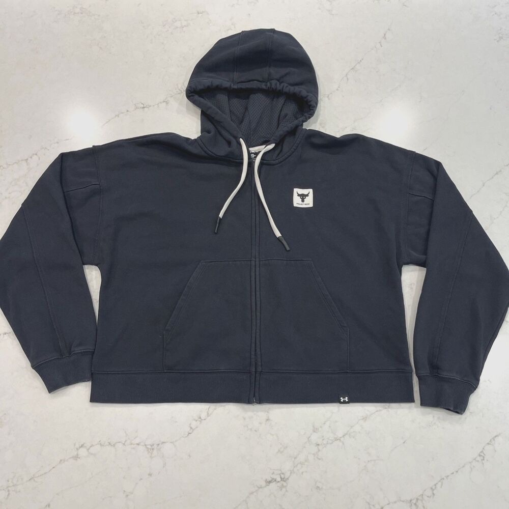 Under Armour Project Rock Crop Cropped Hoodie Womens Medium Black Full Zip